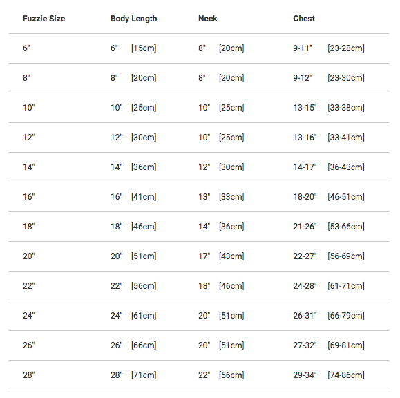Teckelklub Fuzzie Size Chart